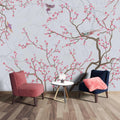 Tapet personalizat zen oriental chinoiserie cu copaci infloriti roz si pasari pink blossom