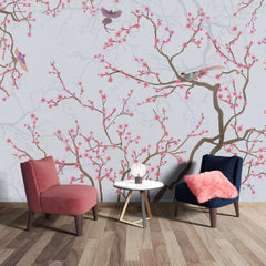 Tapet personalizat zen oriental chinoiserie cu copaci infloriti roz si pasari pink blossom