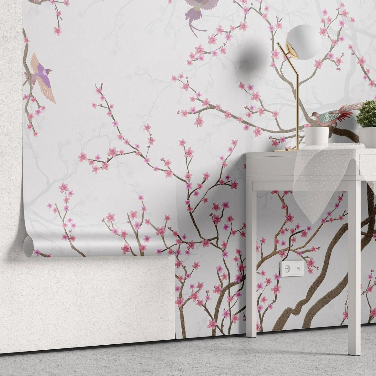 Tapet personalizat zen oriental chinoiserie cu copaci infloriti roz si pasari pink blossom