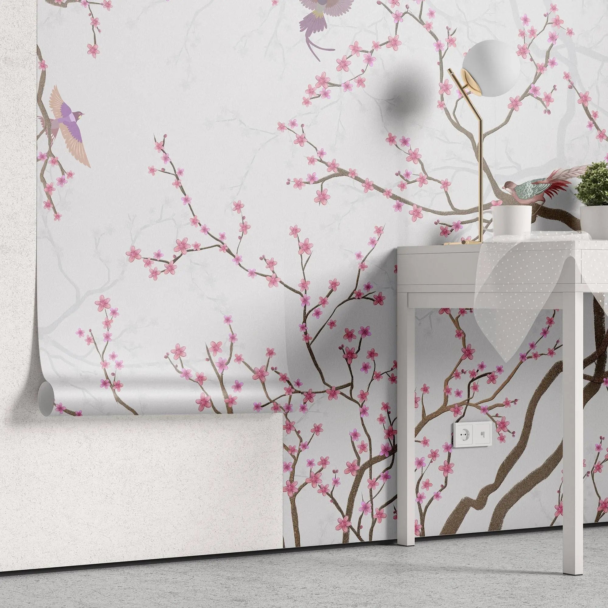 Tapet personalizat zen oriental chinoiserie cu copaci infloriti roz si pasari pink blossom