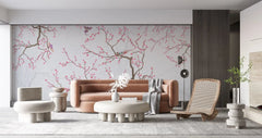 Tapet personalizat zen oriental chinoiserie cu copaci infloriti roz si pasari pink blossom