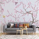 Tapet personalizat zen oriental chinoiserie cu copaci infloriti roz si pasari pink blossom