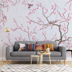 Tapet personalizat zen oriental chinoiserie cu copaci infloriti roz si pasari pink blossom
