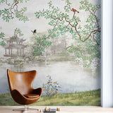Tapet personalizat zen oriental chinoiserie cu peisaj oriental cu pasari si copaci inconjurati de lac oriental landscape