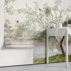 Tapet personalizat zen oriental chinoiserie cu peisaj oriental cu pasari si copaci inconjurati de lac oriental landscape