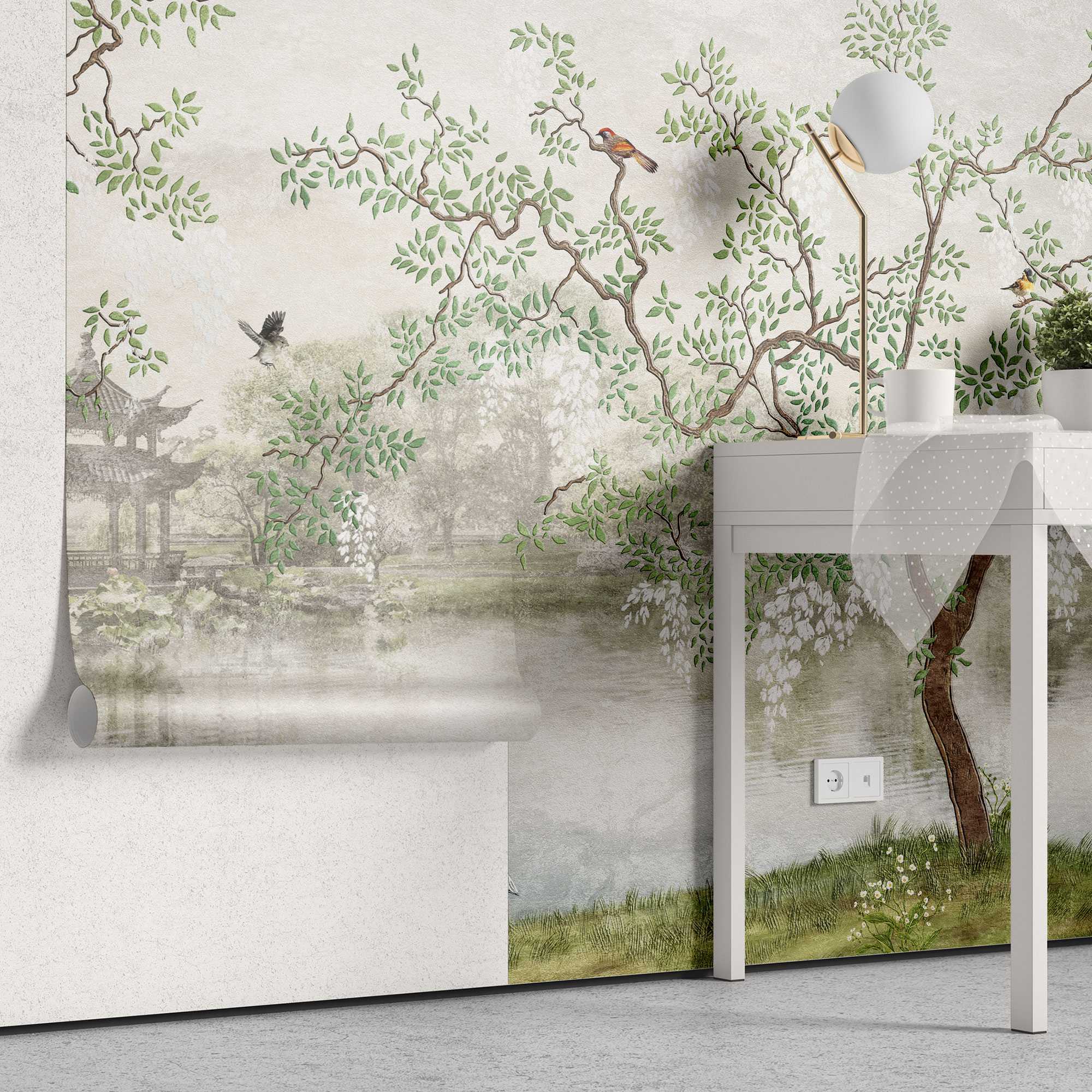Tapet personalizat zen oriental chinoiserie cu peisaj oriental cu pasari si copaci inconjurati de lac oriental landscape