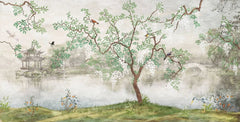 Tapet personalizat zen oriental chinoiserie cu peisaj oriental cu pasari si copaci inconjurati de lac oriental landscape