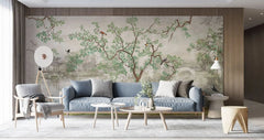 Tapet personalizat zen oriental chinoiserie cu peisaj oriental cu pasari si copaci inconjurati de lac oriental landscape