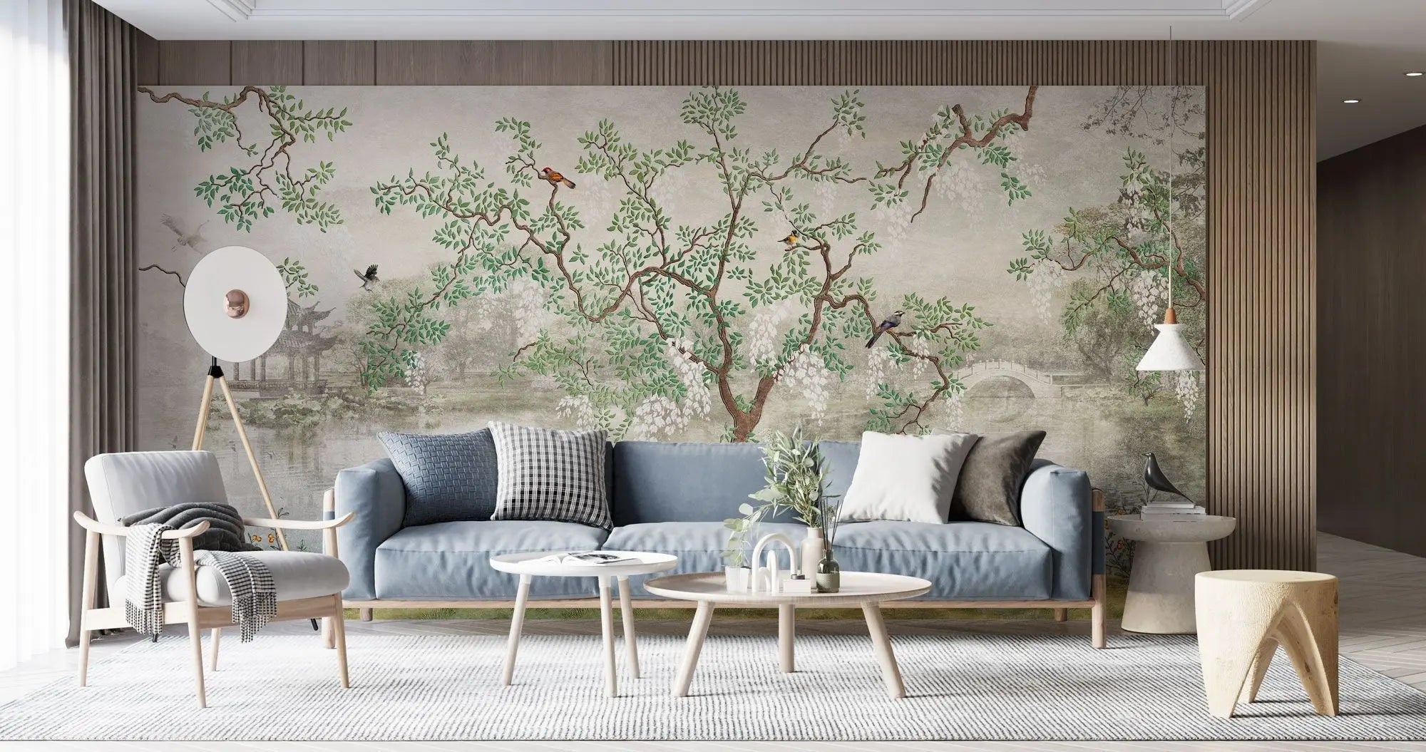 Tapet personalizat zen oriental chinoiserie cu peisaj oriental cu pasari si copaci inconjurati de lac oriental landscape