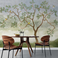 Tapet personalizat zen oriental chinoiserie cu peisaj oriental cu pasari si copaci langa lac oriental dawn