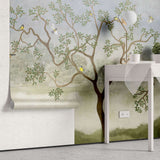 Tapet personalizat zen oriental chinoiserie cu peisaj oriental cu pasari si copaci langa lac oriental dawn