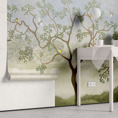 Tapet personalizat zen oriental chinoiserie cu peisaj oriental cu pasari si copaci langa lac oriental dawn