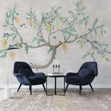 Tapet personalizat zen oriental chinoiserie cu peisaj oriental cu pasari in copac oriental cu fundal texturat bird chinoiserie