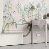 Tapet personalizat zen oriental chinoiserie cu peisaj oriental cu pasari in copac oriental cu fundal texturat bird chinoiserie