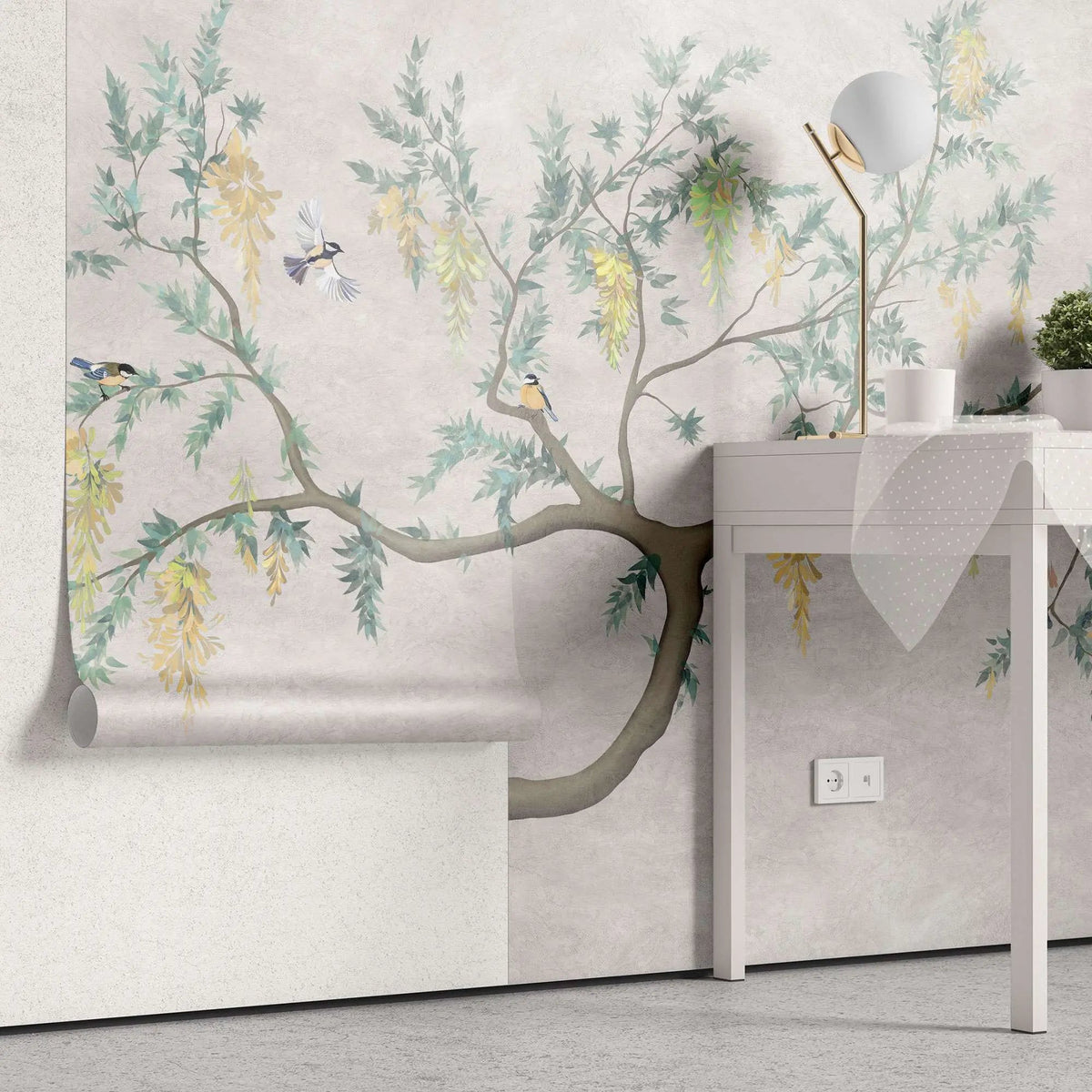 Tapet personalizat zen oriental chinoiserie cu peisaj oriental cu pasari in copac oriental cu fundal texturat bird chinoiserie