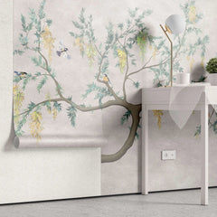 Tapet personalizat zen oriental chinoiserie cu peisaj oriental cu pasari in copac oriental cu fundal texturat bird chinoiserie