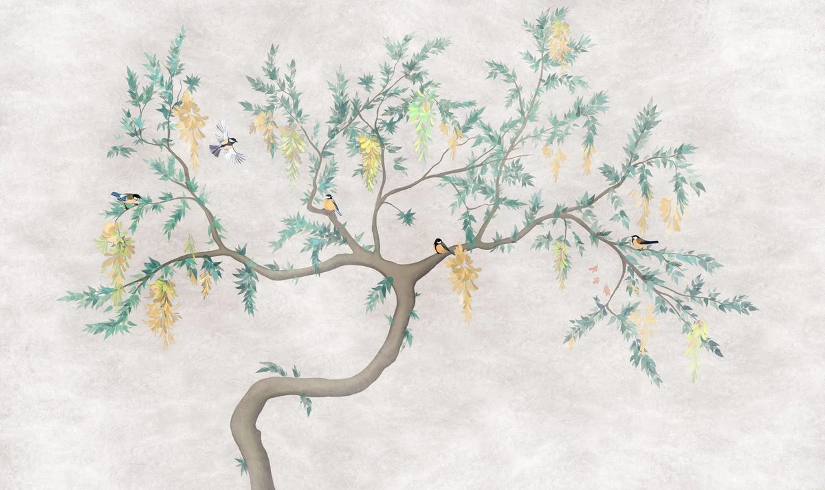 Tapet personalizat zen oriental chinoiserie cu peisaj oriental cu pasari in copac oriental cu fundal texturat bird chinoiserie