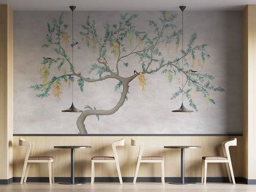 Tapet personalizat zen oriental chinoiserie cu peisaj oriental cu pasari in copac oriental cu fundal texturat bird chinoiserie