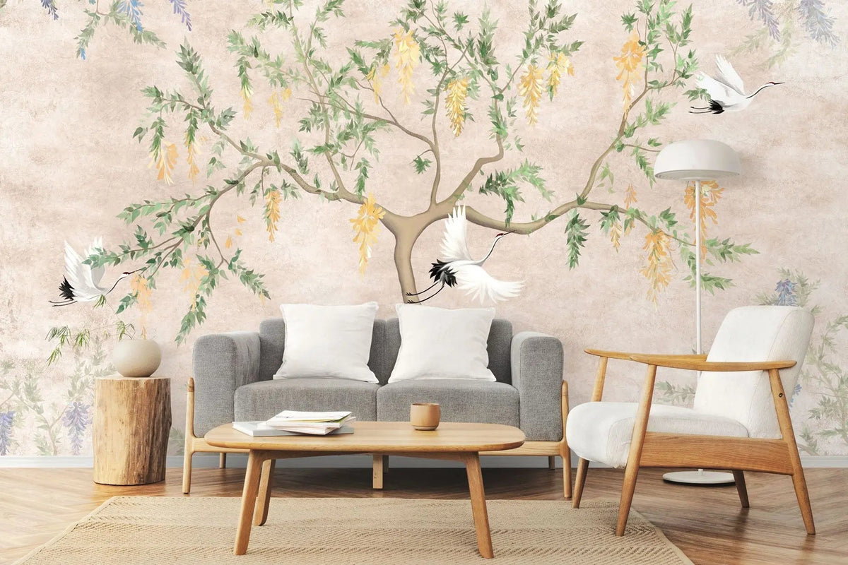 Tapet personalizat zen oriental chinoiserie cu peisaj oriental cu pasari in copac oriental cu fundal roz texturat crane chinoiserie