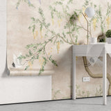 Tapet personalizat zen oriental chinoiserie cu peisaj oriental cu pasari in copac oriental cu fundal roz texturat crane chinoiserie