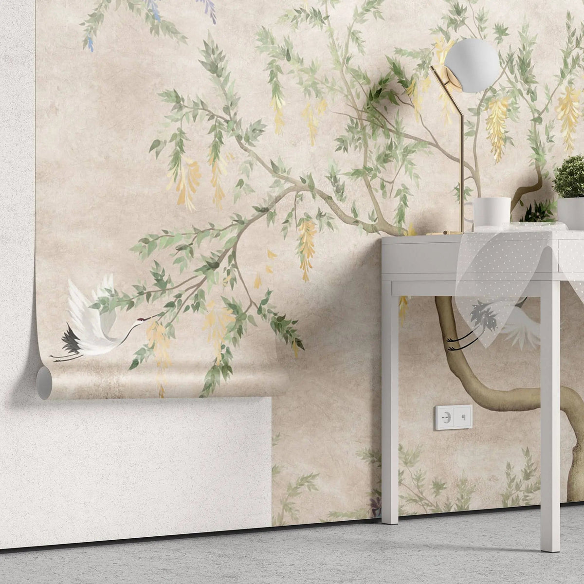 Tapet personalizat zen oriental chinoiserie cu peisaj oriental cu pasari in copac oriental cu fundal roz texturat crane chinoiserie
