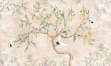 Tapet personalizat zen oriental chinoiserie cu peisaj oriental cu pasari in copac oriental cu fundal roz texturat crane chinoiserie