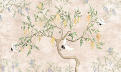 Tapet personalizat zen oriental chinoiserie cu peisaj oriental cu pasari in copac oriental cu fundal roz texturat crane chinoiserie
