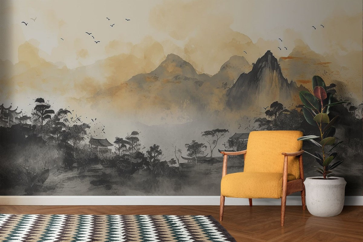Tapet personalizat zen oriental ce ilustreaza un sat linistit de munte cu arhitectura traditionala in tonuri calme aducand o nota de pace si simplitate quiet village