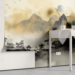 Tapet personalizat zen oriental ce ilustreaza un sat linistit de munte cu arhitectura traditionala in tonuri calme aducand o nota de pace si simplitate quiet village