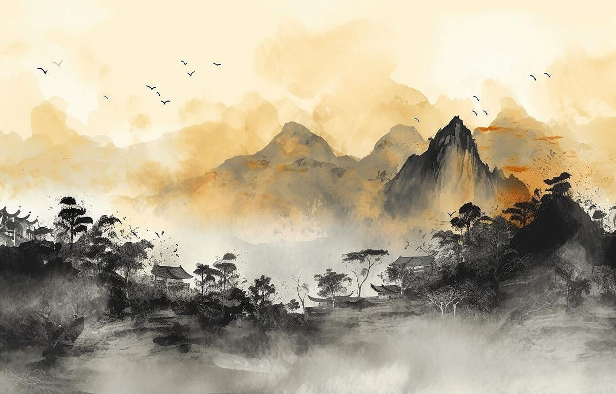 Tapet personalizat zen oriental ce ilustreaza un sat linistit de munte cu arhitectura traditionala in tonuri calme aducand o nota de pace si simplitate quiet village