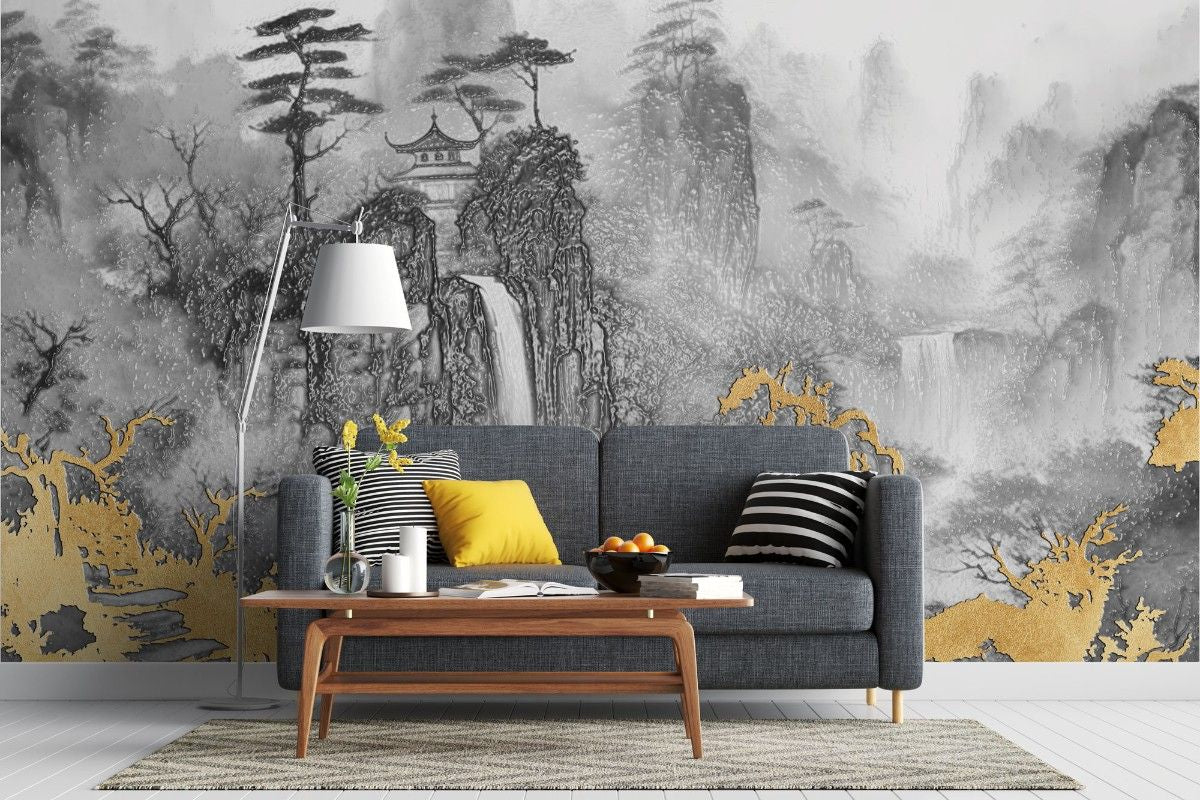 Tapet personalizat zen oriental cu o cascada inghetata intr un peisaj montan oferind o priveliste de o frumusete rece si senina frozen waterfall