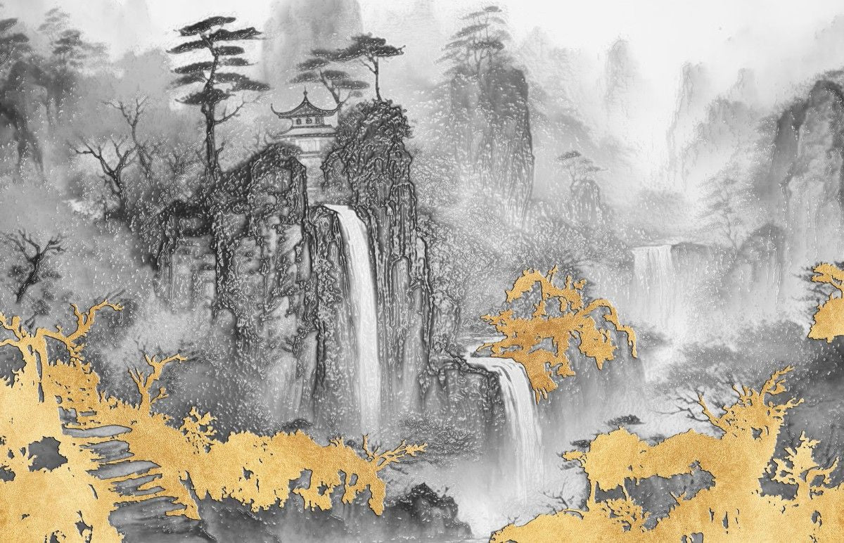 Tapet personalizat zen oriental cu o cascada inghetata intr un peisaj montan oferind o priveliste de o frumusete rece si senina frozen waterfall