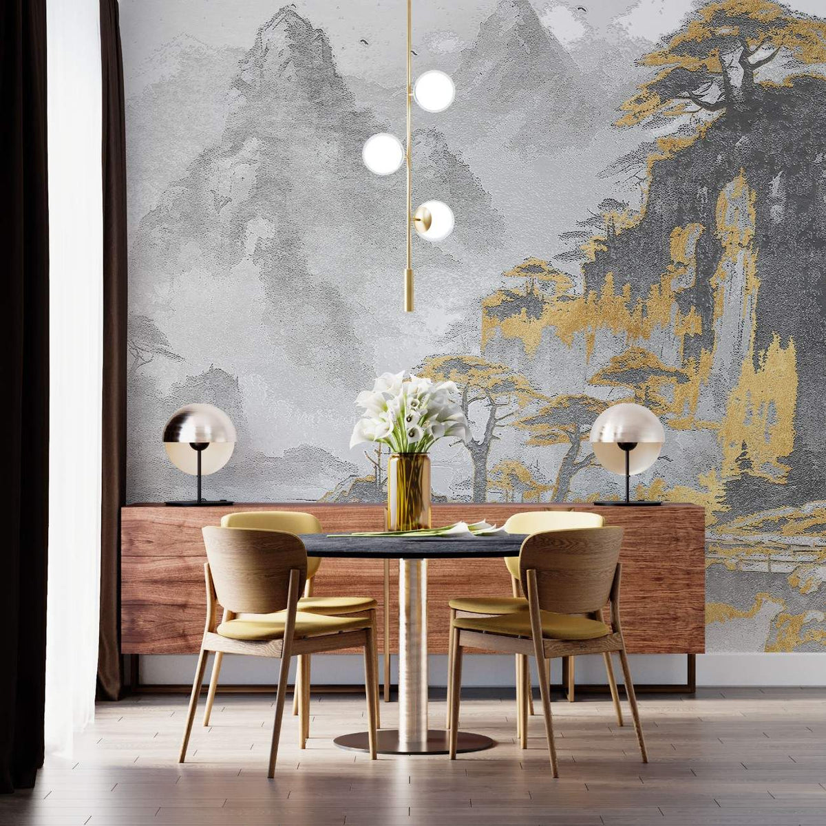 Tapet personalizat zen oriental cu un peisaj monocrom cu accent aurii ce evidentiaza un lac in care se reflecta formele si culorile apusului creand o imagine de o frumusete calda si linistitoare shimmering reflection