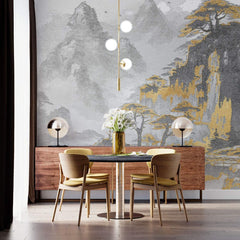 Tapet personalizat zen oriental cu un peisaj monocrom cu accent aurii ce evidentiaza un lac in care se reflecta formele si culorile apusului creand o imagine de o frumusete calda si linistitoare shimmering reflection