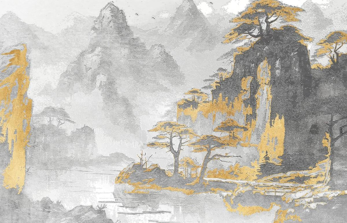 Tapet personalizat zen oriental cu un peisaj monocrom cu accent aurii ce evidentiaza un lac in care se reflecta formele si culorile apusului creand o imagine de o frumusete calda si linistitoare shimmering reflection