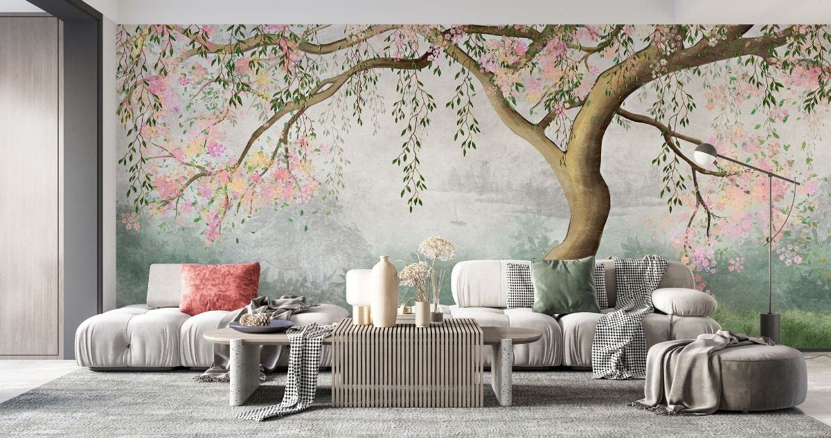 Tapet personalizat zen oriental cu infloriri delicate de cires creand o atmosfera primavaratica plina de eleganta si fragilitate cherry whispers