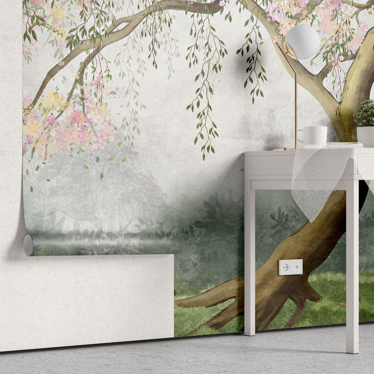 Tapet personalizat zen oriental cu infloriri delicate de cires creand o atmosfera primavaratica plina de eleganta si fragilitate cherry whispers
