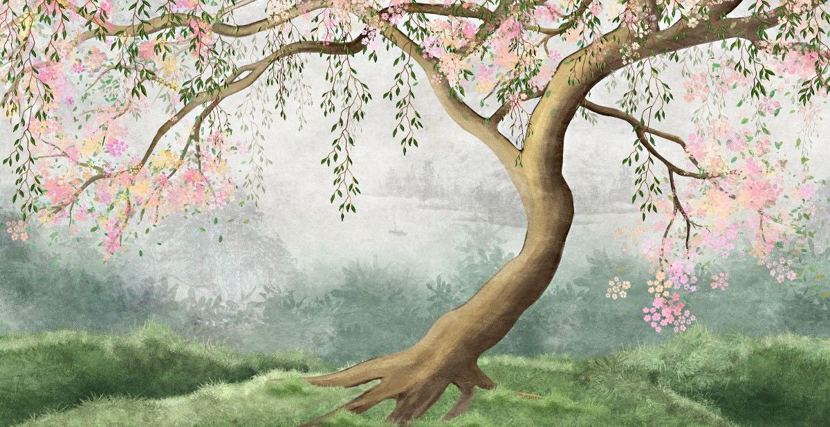 Tapet personalizat zen oriental cu infloriri delicate de cires creand o atmosfera primavaratica plina de eleganta si fragilitate cherry whispers