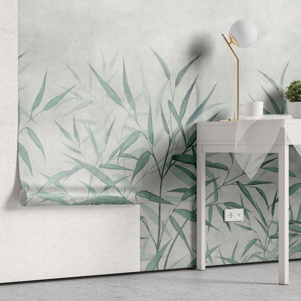 Tapet personalizat zen oriental cu frunze de bambus in nuante subtile de menta aducand o senzatie de prospetime si calm natural minty bamboo