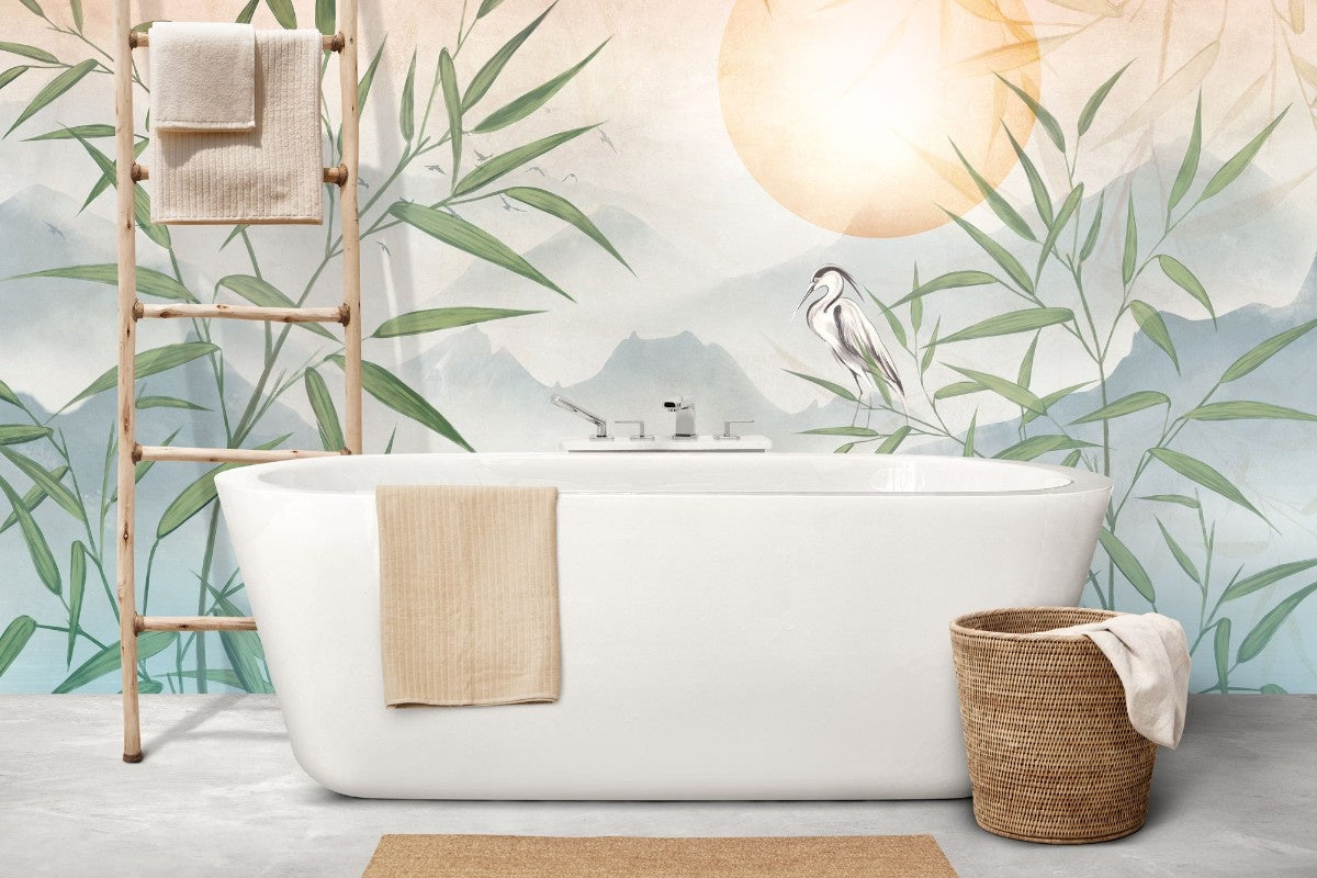 Tapet personalizat zen oriental cu un peisaj al muntelui la apus inspirand o stare de profunda liniste si o invitatie la contemplare si armonie interioara mindfulness