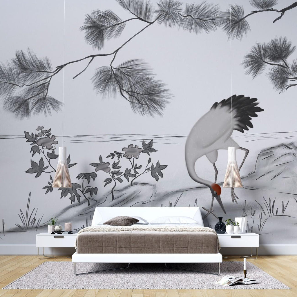 Tapet personalizat zen oriental cu o schita artistica de cocor creand un efect vizual delicat si plin de gratie sketch crane