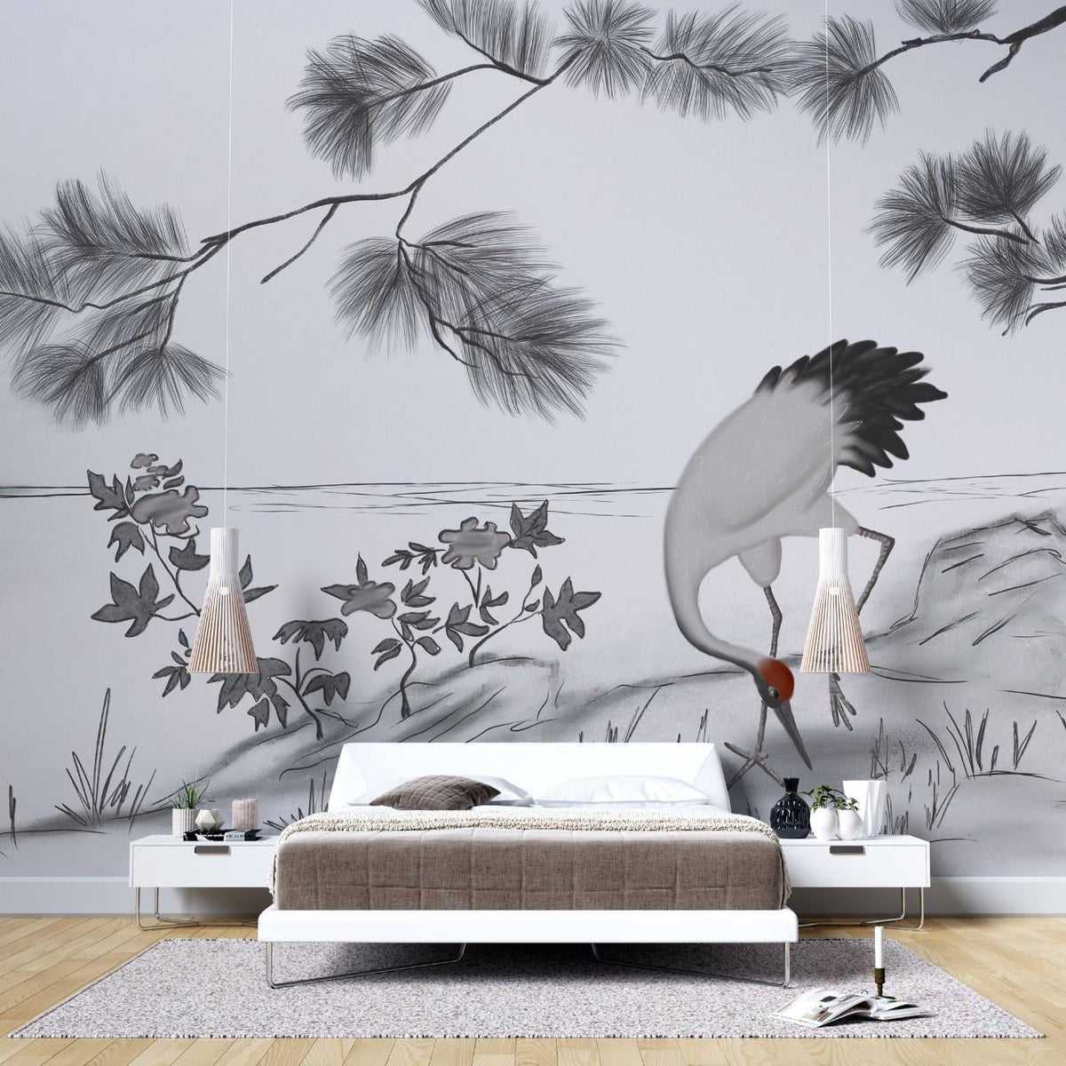 Tapet personalizat zen oriental cu o schita artistica de cocor creand un efect vizual delicat si plin de gratie sketch crane