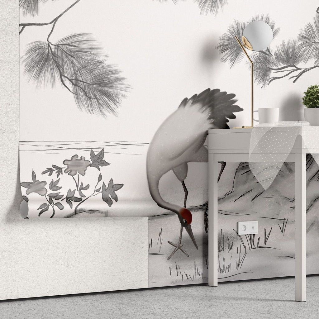 Tapet personalizat zen oriental cu o schita artistica de cocor creand un efect vizual delicat si plin de gratie sketch crane