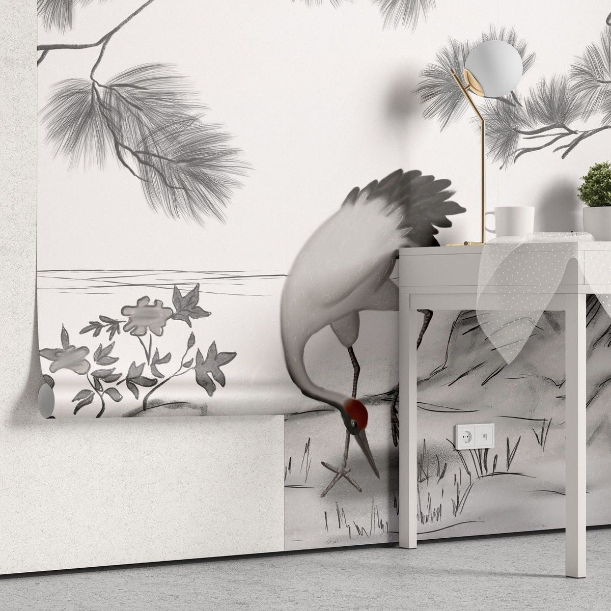 Tapet personalizat zen oriental cu o schita artistica de cocor creand un efect vizual delicat si plin de gratie sketch crane