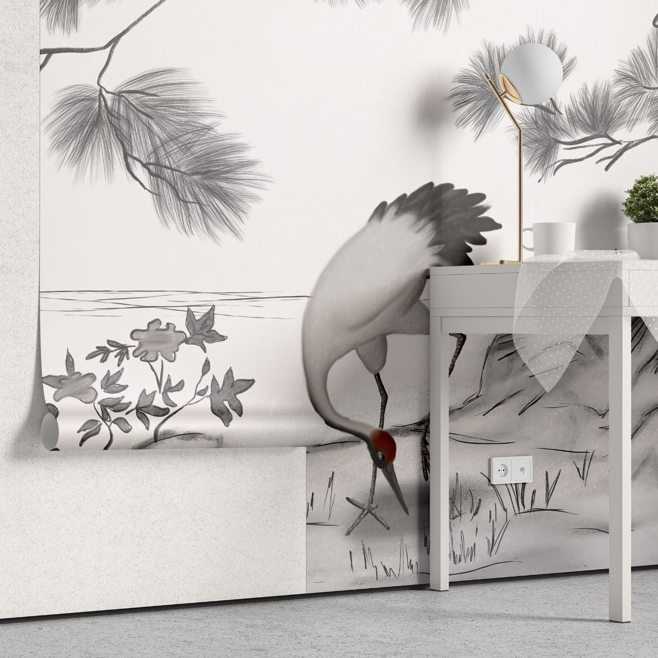 Tapet personalizat zen oriental cu o schita artistica de cocor creand un efect vizual delicat si plin de gratie sketch crane