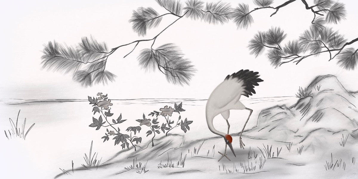 Tapet personalizat zen oriental cu o schita artistica de cocor creand un efect vizual delicat si plin de gratie sketch crane
