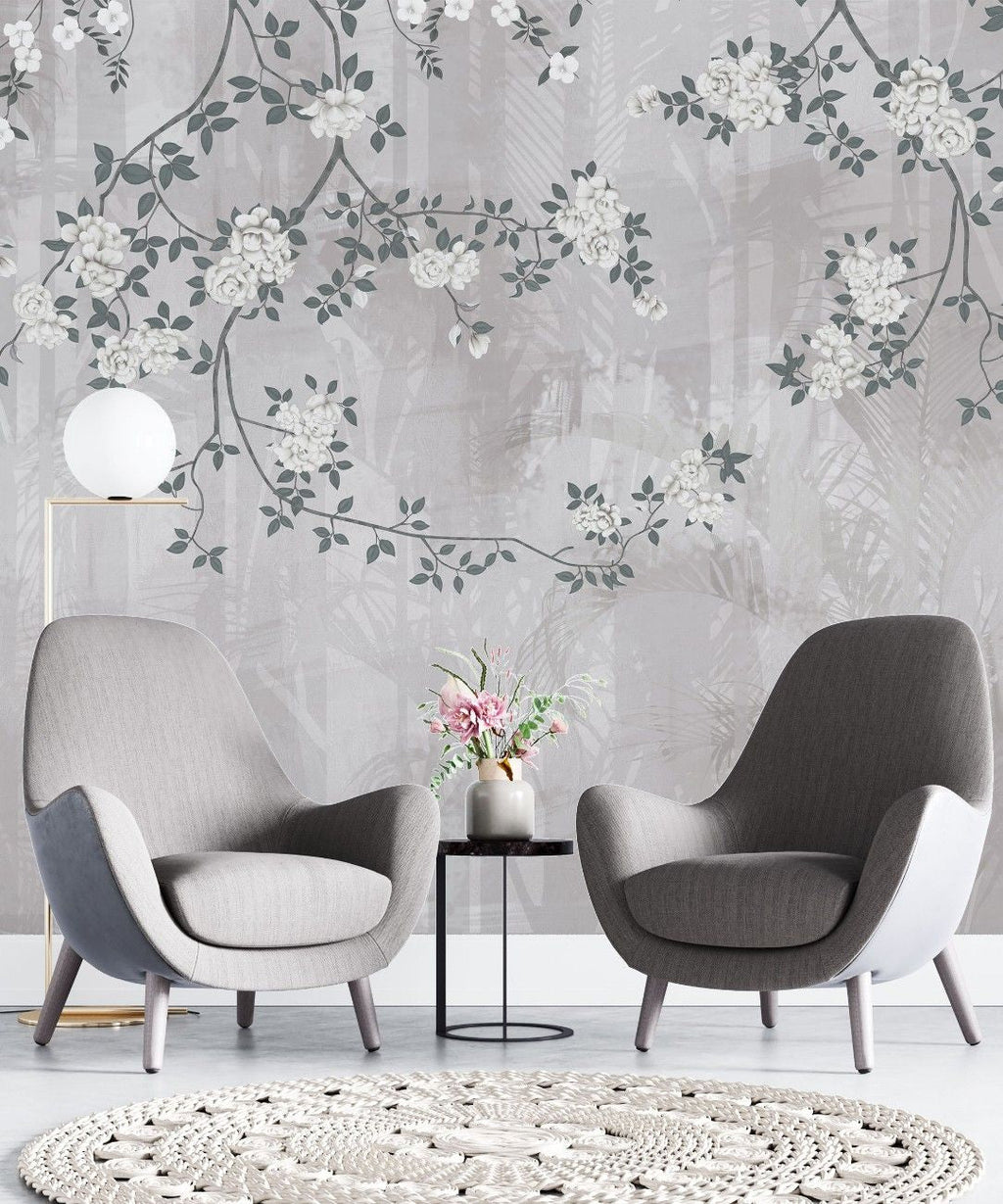Tapet personalizat zen oriental chinoiserie cu elemente florale pe un fundal de umbre de bambus aducand o nota de eleganta exotica si rafinament bamboo chinoiserie