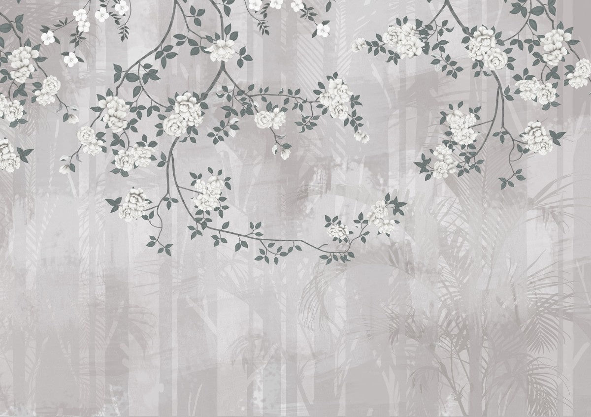 Tapet personalizat zen oriental chinoiserie cu elemente florale pe un fundal de umbre de bambus aducand o nota de eleganta exotica si rafinament bamboo chinoiserie