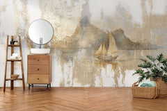 Tapet personalizat zen oriental cu o barca solitara sub un apus auriu simbolizand calatoria interioara si linistea suprema golden zen boat