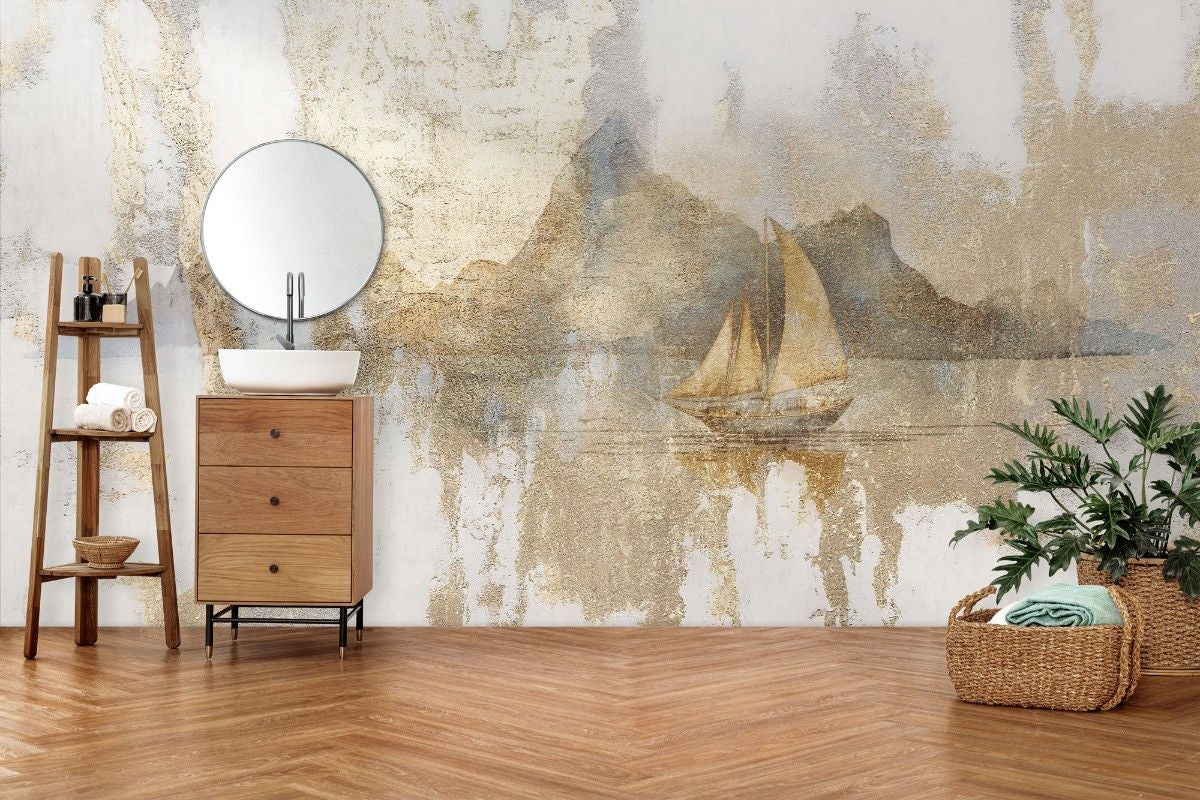 Tapet personalizat zen oriental cu o barca solitara sub un apus auriu simbolizand calatoria interioara si linistea suprema golden zen boat